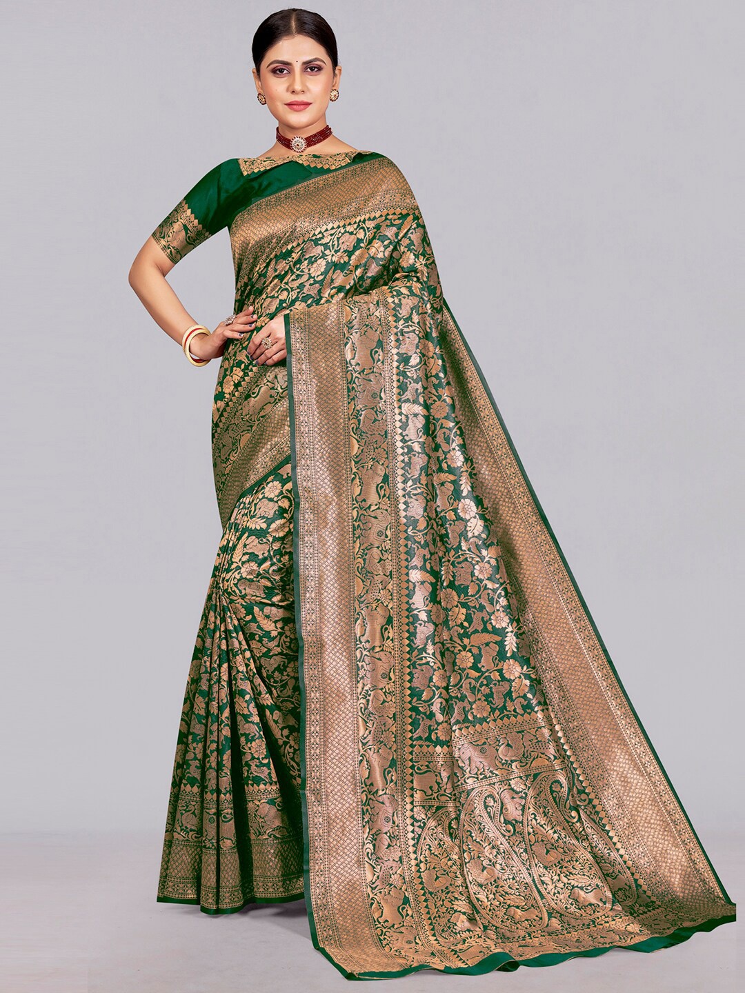 

SIRIL Floral Woven Design Zari Banarasi Saree, Green
