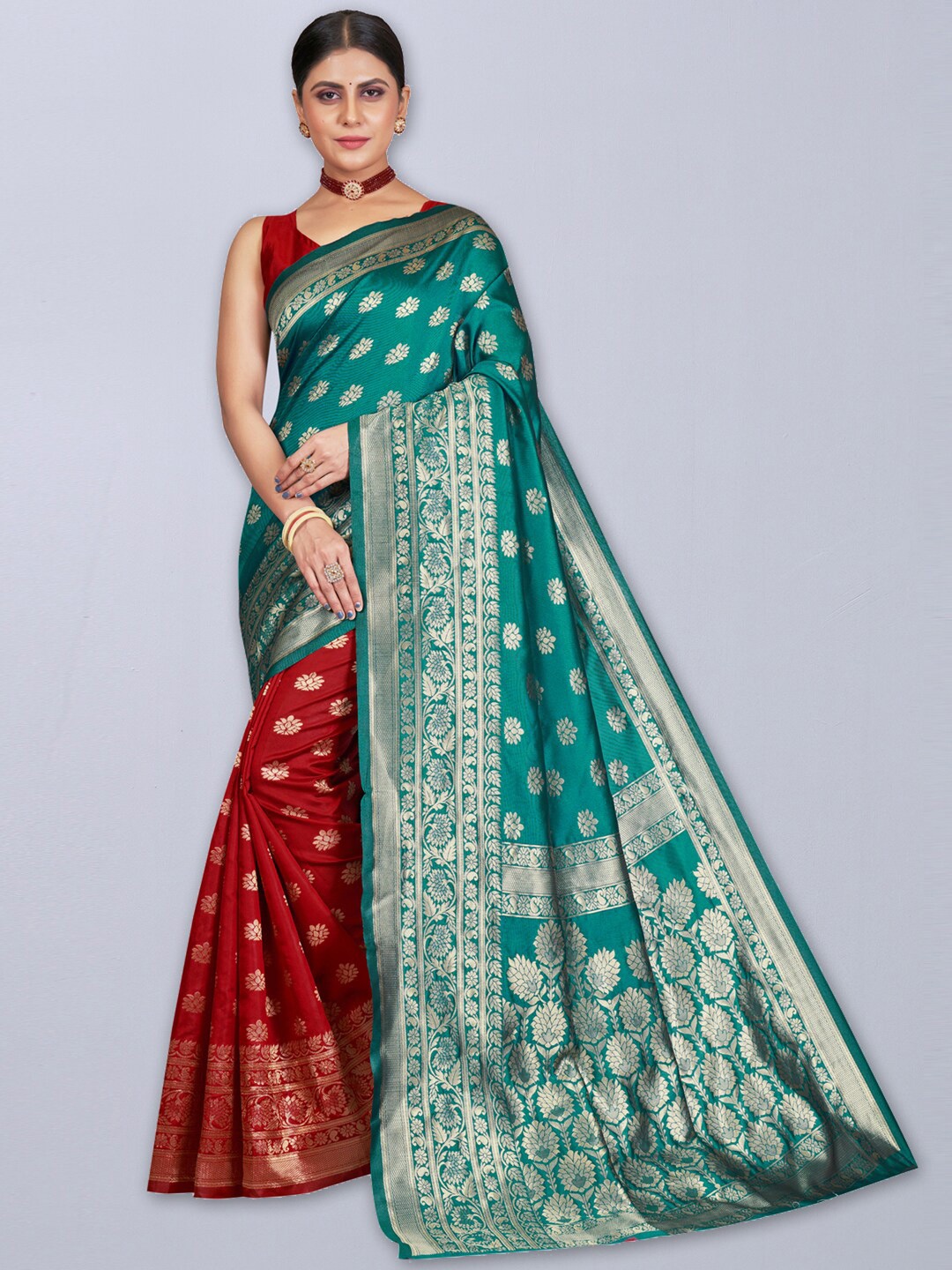 

SIRIL Floral Woven Design Zari Banarasi Saree, Red