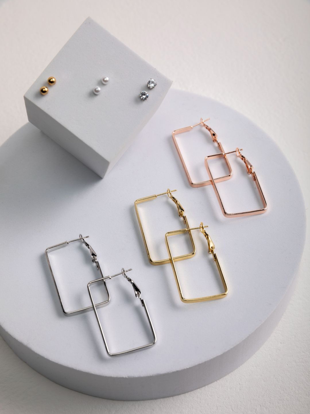 

Priyaasi Set Of 6 Gold-Plated Geometric Hoop & Studs Earrings, White