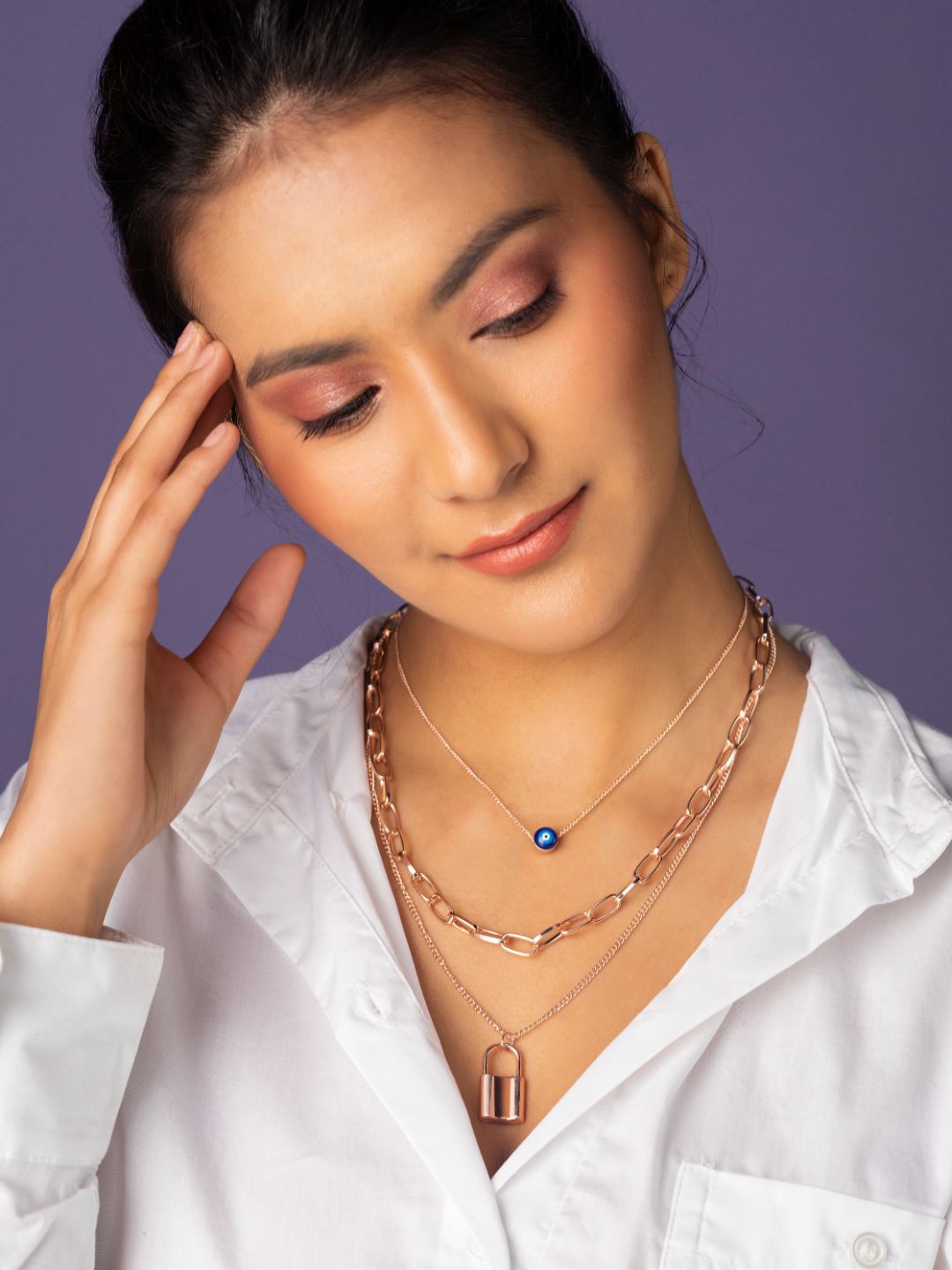 

Priyaasi Rose Gold-Plated Layered Evil Eye Necklace, Blue