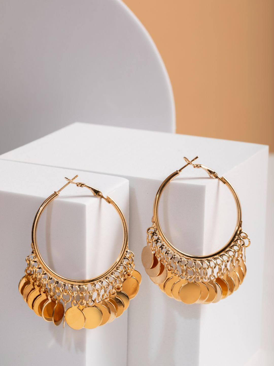 

Priyaasi Gold-Plated Circular Coin Drop Charm Hoop Earrings