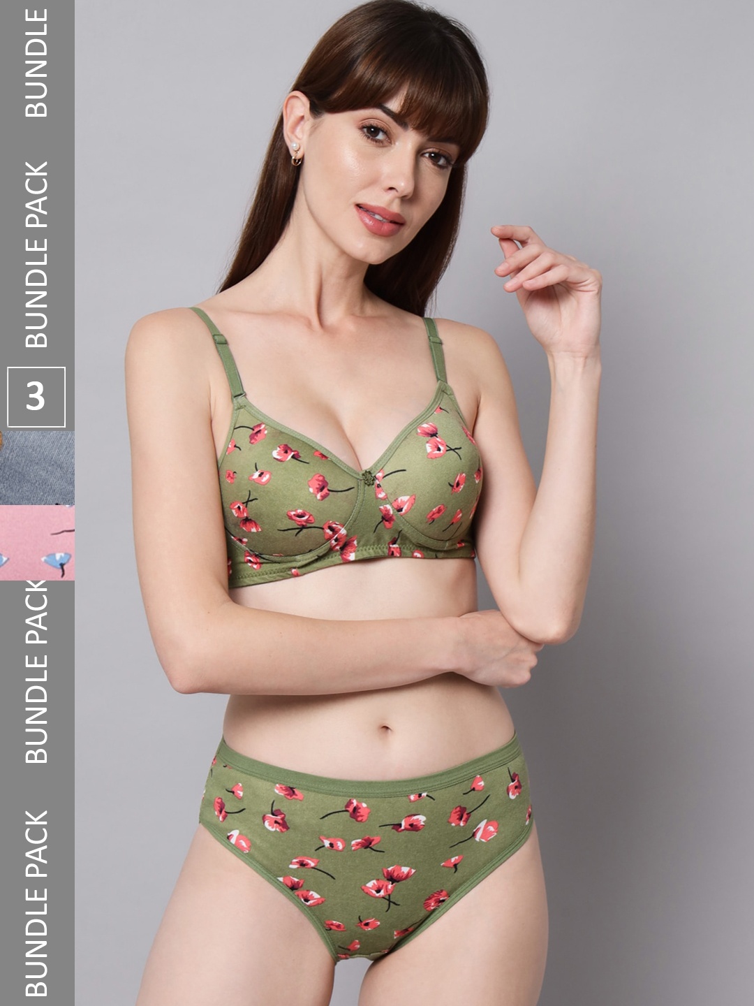 

Narsingha Dreams Pack Of 3 Floral Printed Pure Cotton Lightly Padded Lingerie Set Blossom Set-30, Green