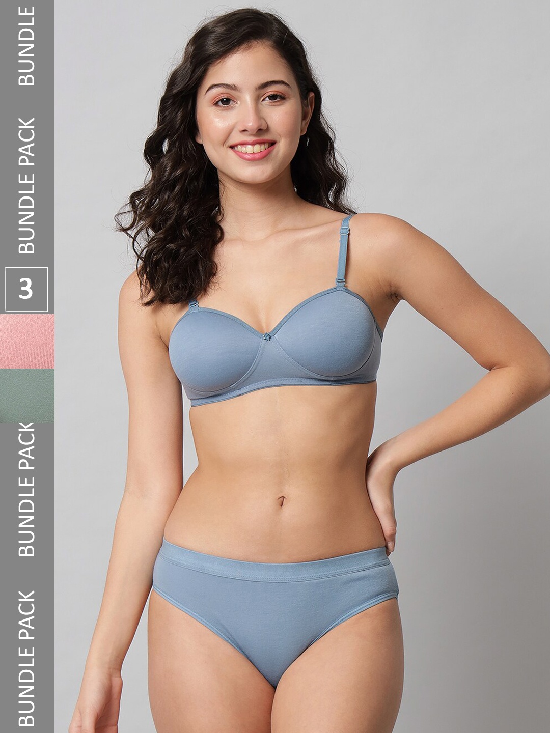 

Narsingha Dreams Pack Of 3 Lightly-Padded Pure Cotton Lingerie Sets English full cup set-30, Blue