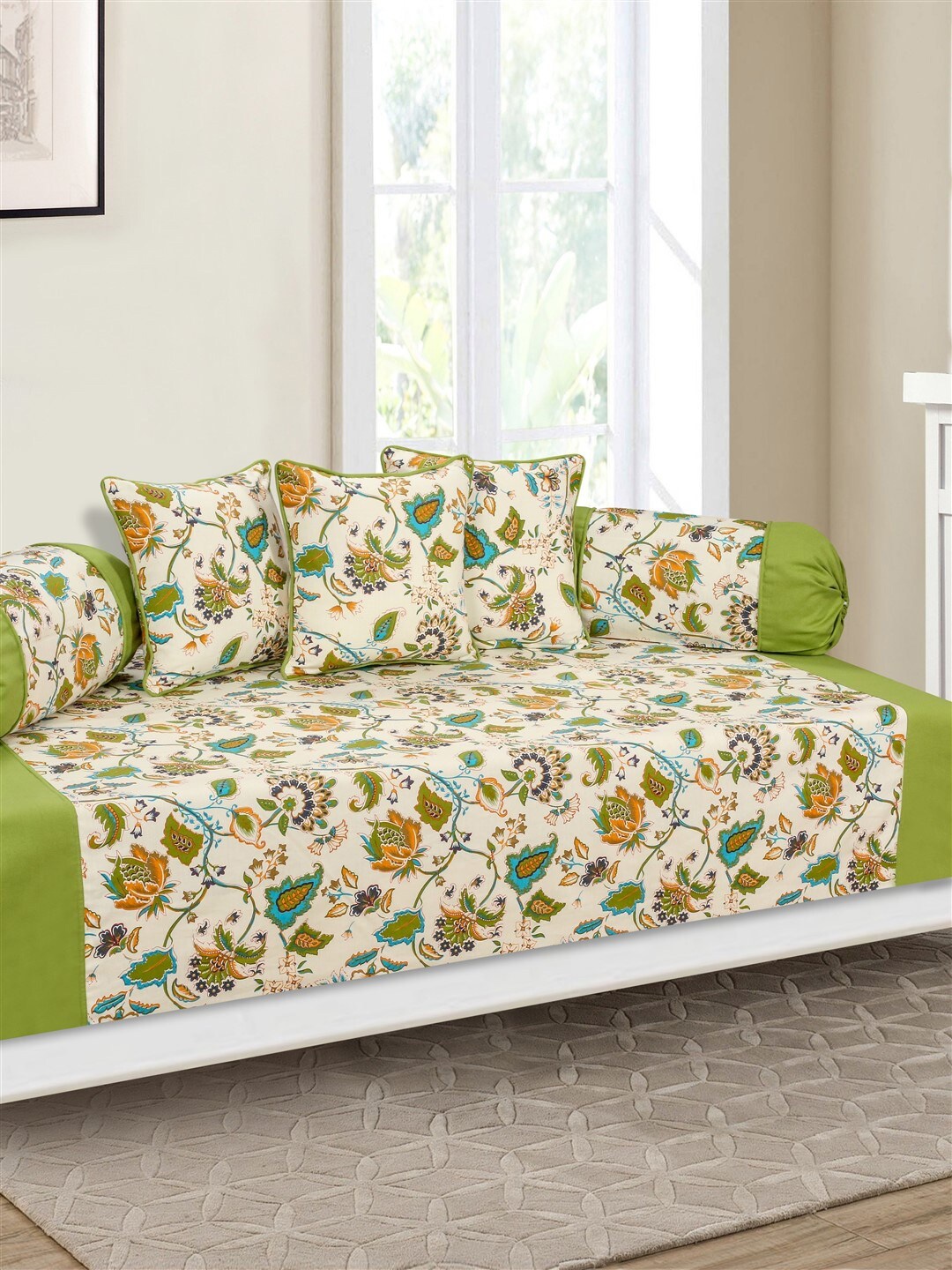

SHADES of LIFE Cream & Green 8 Pcs Ethnic Motifs Printed Cotton Diwan Set