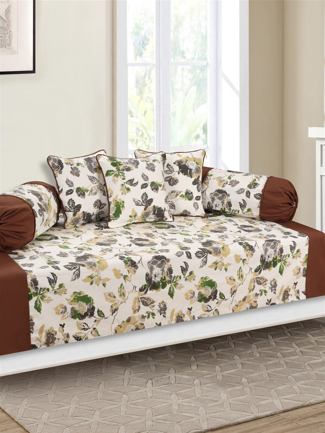 

SHADES of LIFE Cream & Grey 8 Pcs Rose Floral Printed Cotton Diwan Set