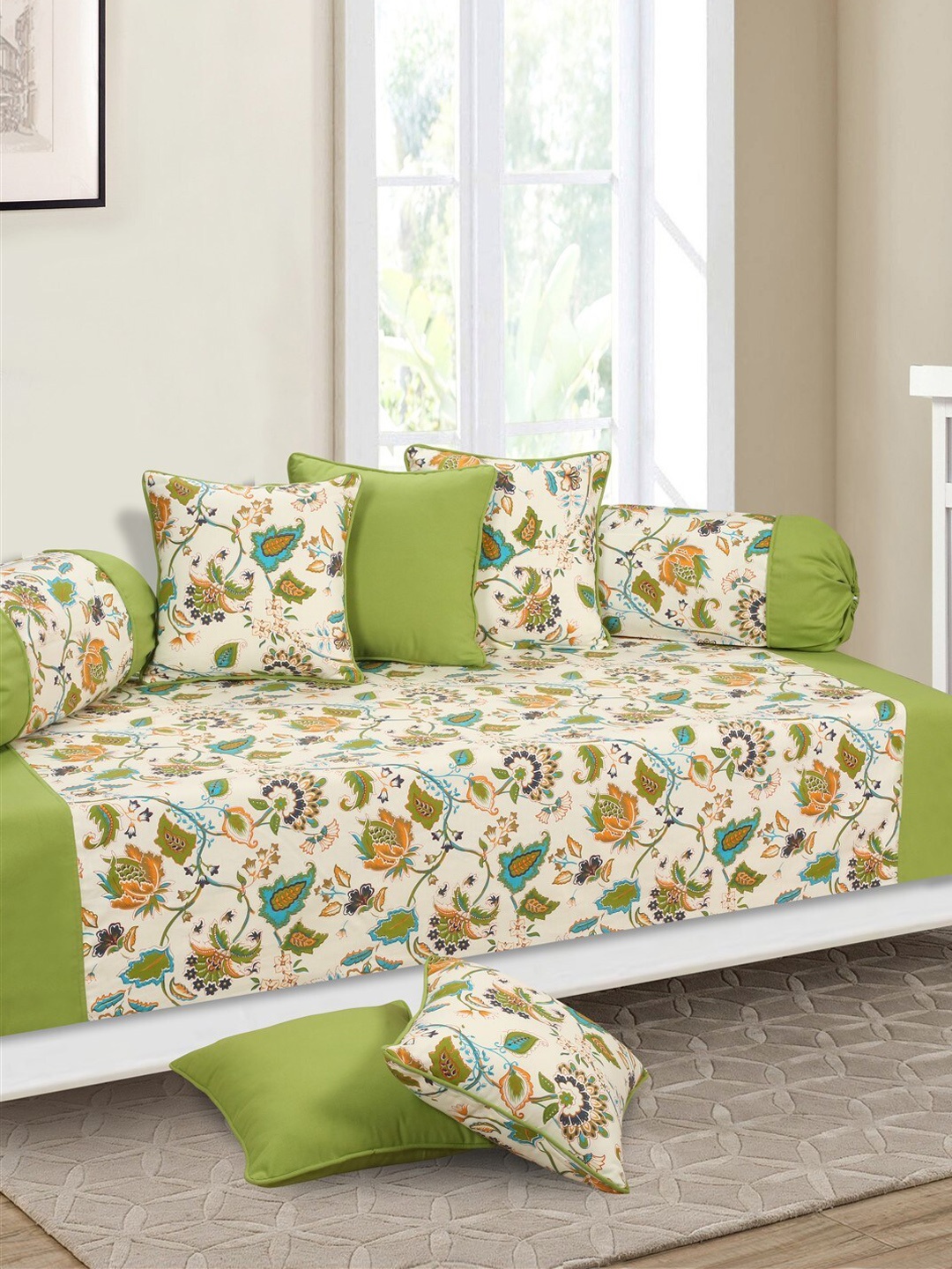 

SHADES of LIFE Cream & Green 6 Pieces Ethnic Motifs Printed Cotton Diwan Set