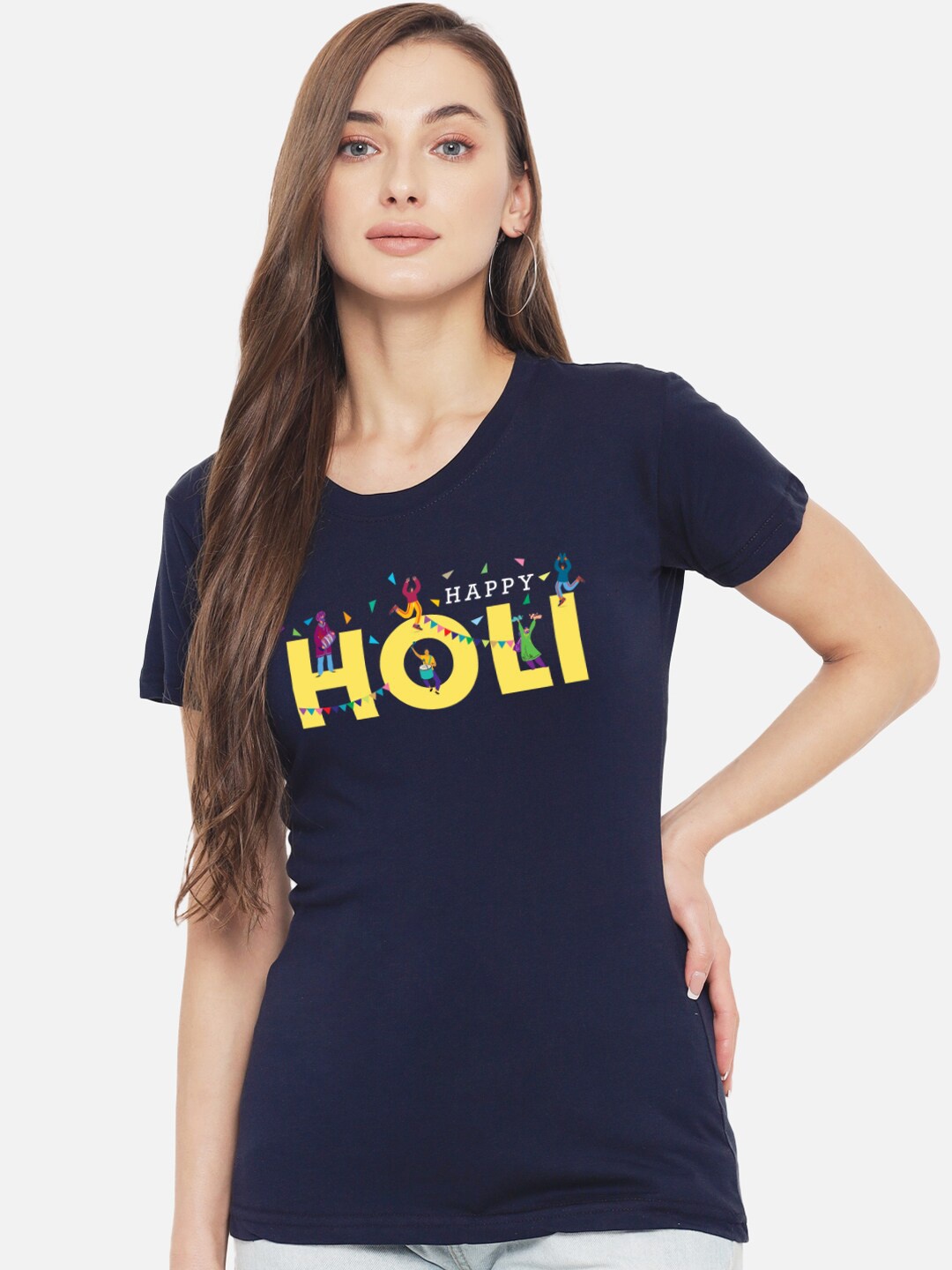 

FFLIRTYGO Women Typography Printed Pure Cotton T-shirt, Navy blue