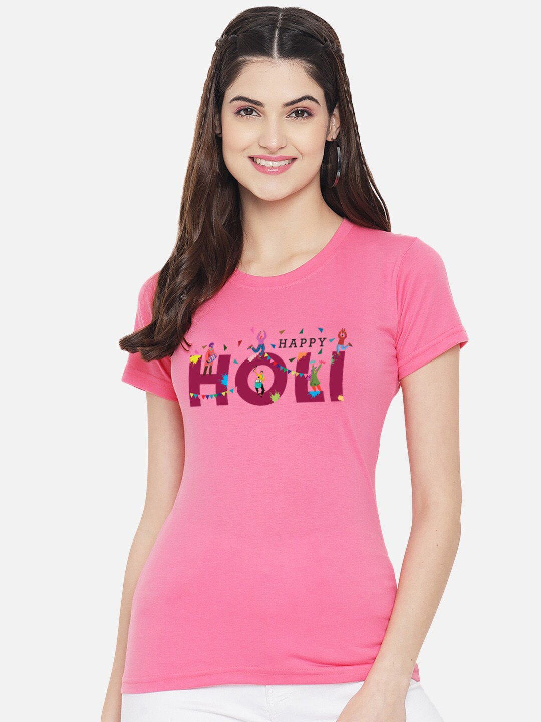 

FFLIRTYGO Women Typography Printed Pure Cotton T-shirt, Pink