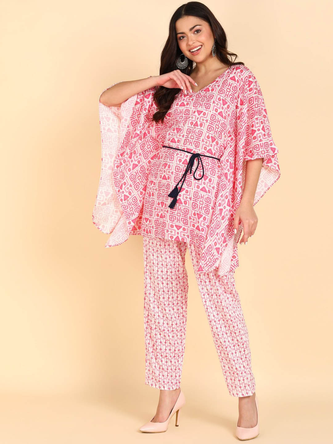 

VEDANA Women Printed Kaftan Top With Trousers, Pink