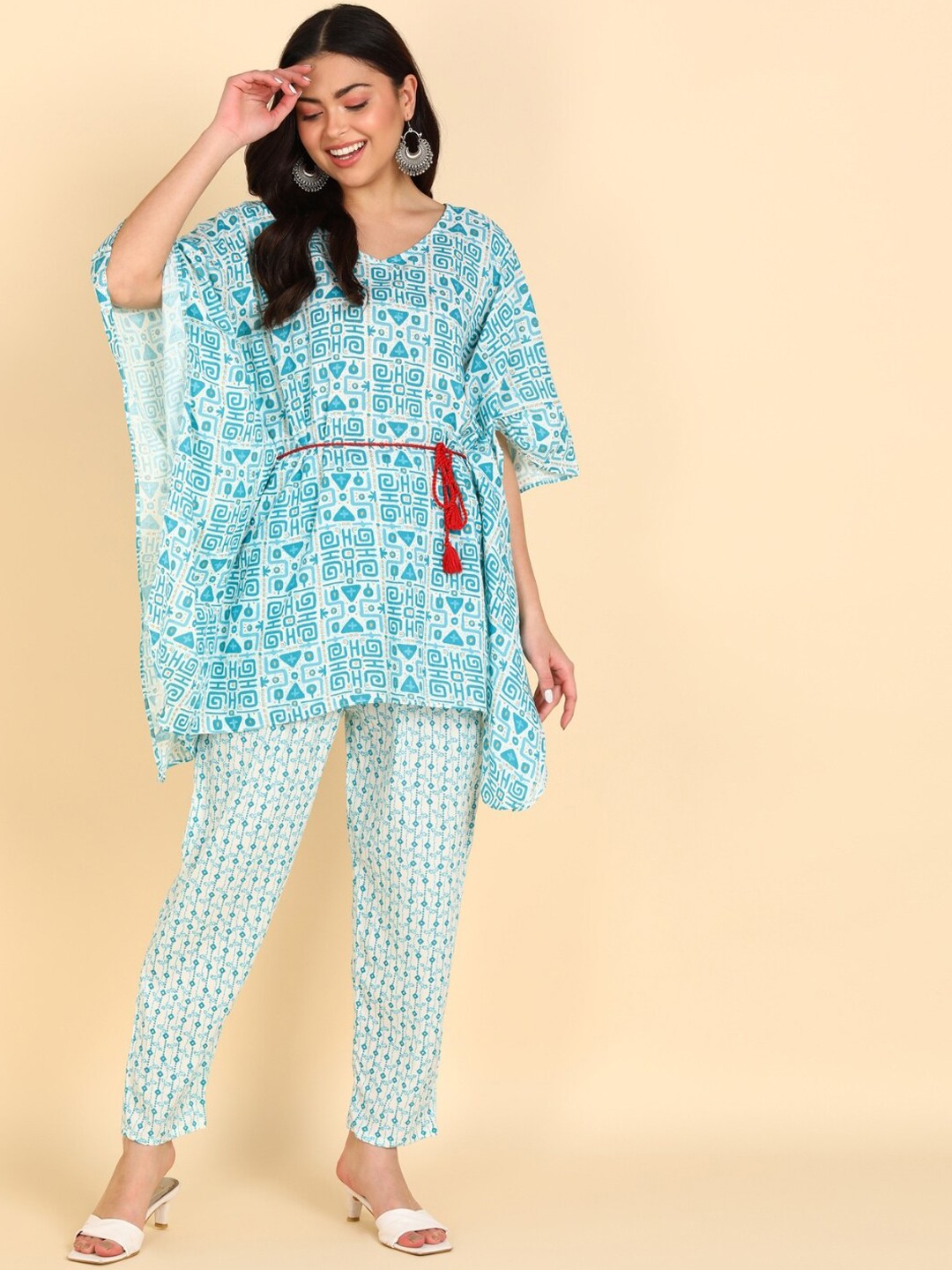 

VEDANA Women Printed Kaftan Top With Trousers, Blue