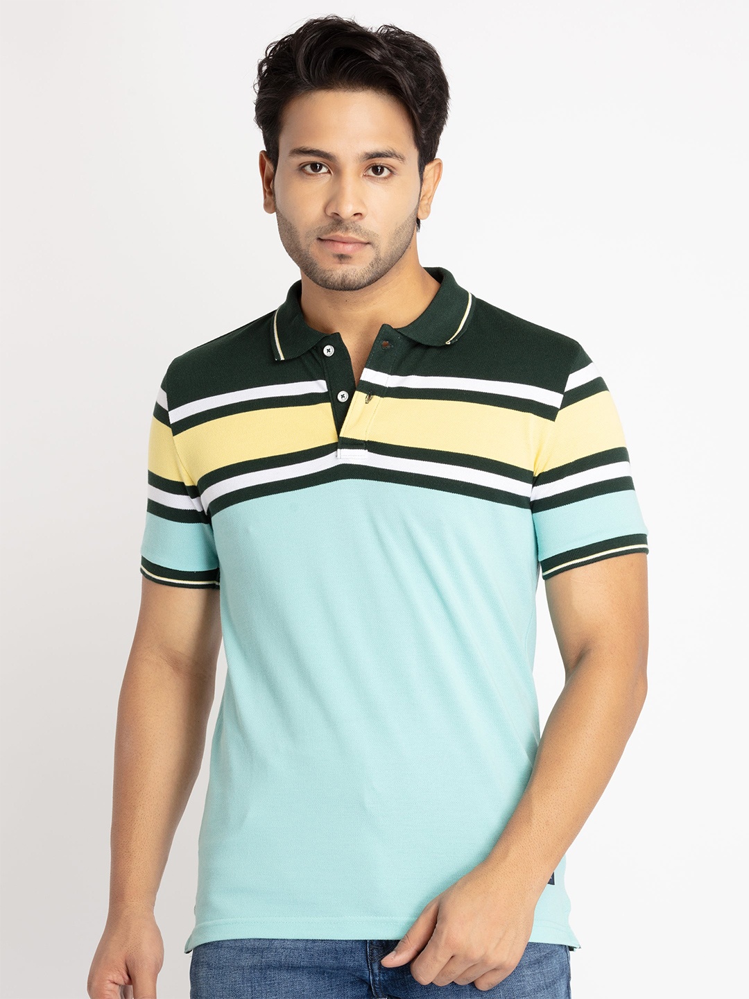 

Status Quo Men Blue Striped Polo Collar Cotton T-shirt