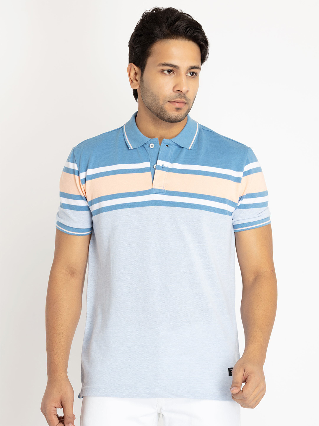 

Status Quo Men Striped Cotton Polo Collar T-shirt, Blue