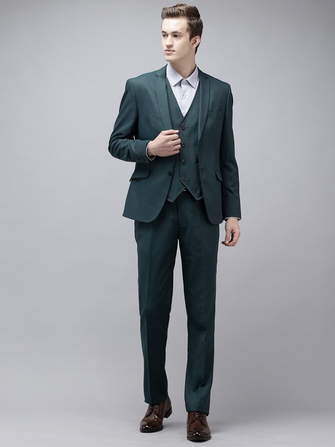 

V Dot Skinny Fit Self Design Single-Breasted Three-Piece Formal Suits, Teal