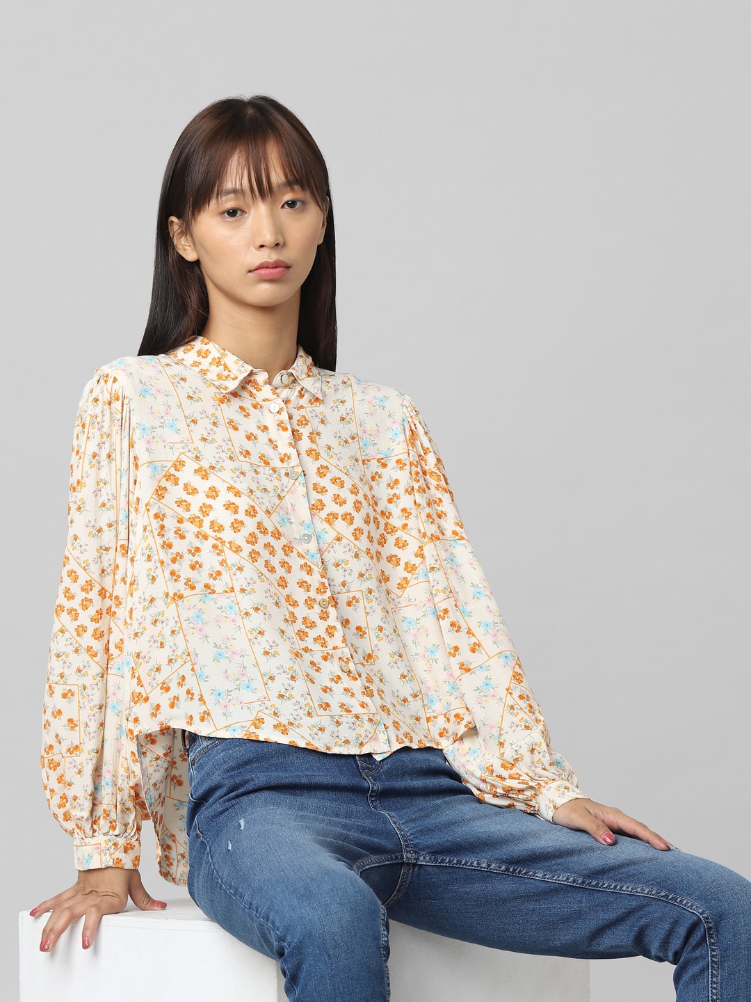 

ONLY Women Floral Printed Puff Sleeves Casual Shirt, Cream