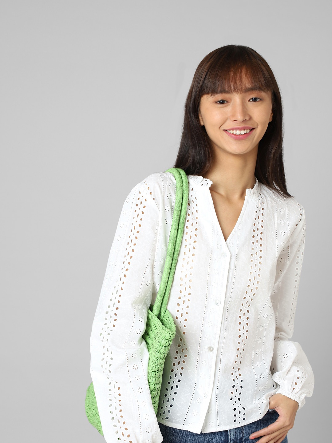 

ONLY Women Floral Schiffli Casual Shirt, White