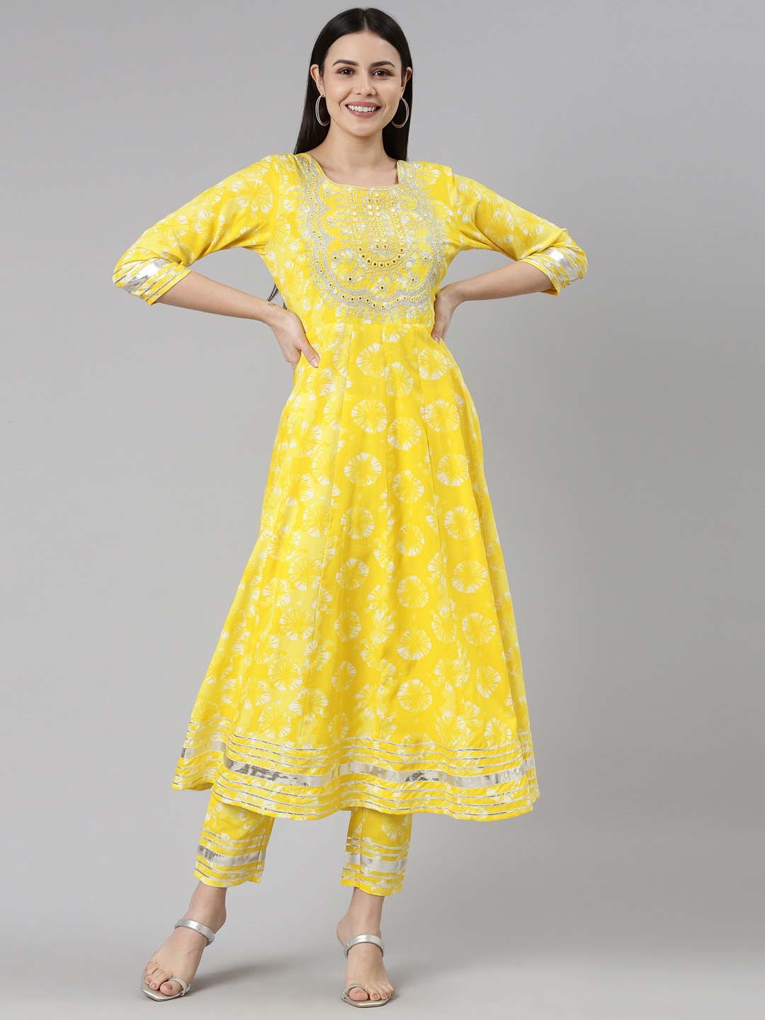 

KALINI Floral Embroidered Gotta Patti Kurta with Trousers & Dupatta, Yellow