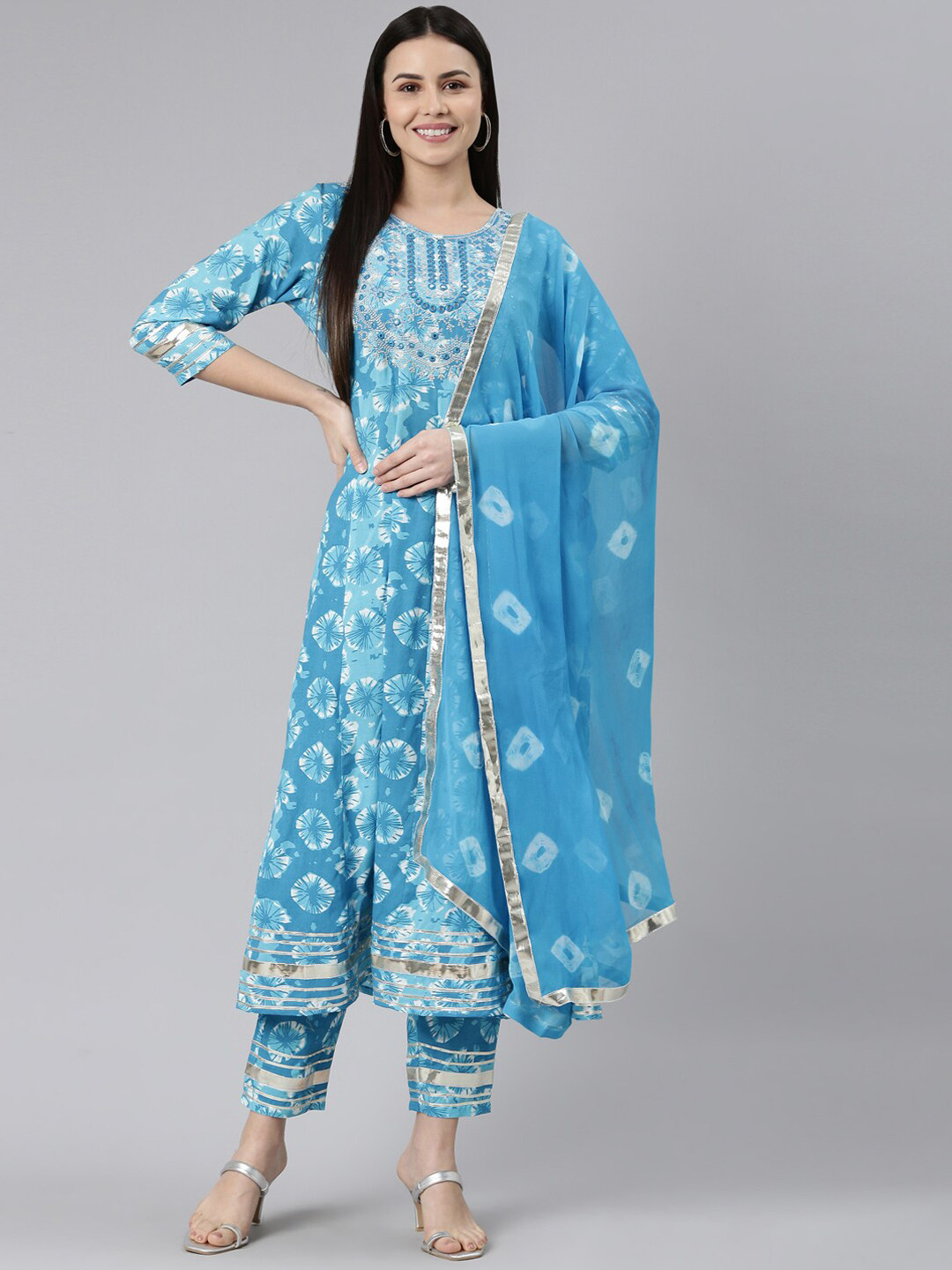 

KALINI Floral Printed Embroidered Gotta Patti Pure Cotton Kurta With Trousers & Dupatta, Blue