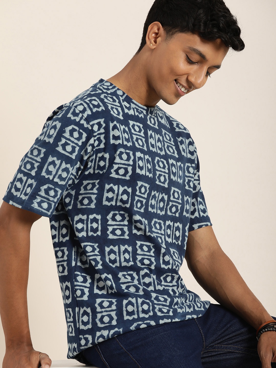 

Taavi Indigo Printed Pure Cotton Casual T-shirt, Blue