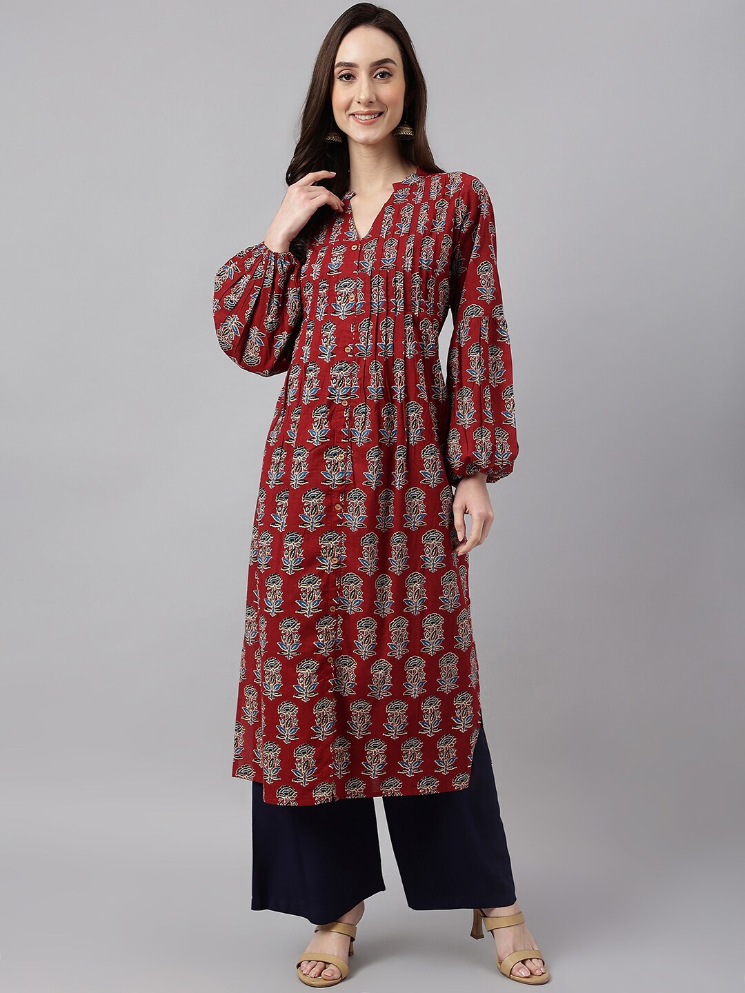 

Janasya Women Maroon Pure Cotton Floral Printed Flared Kurta