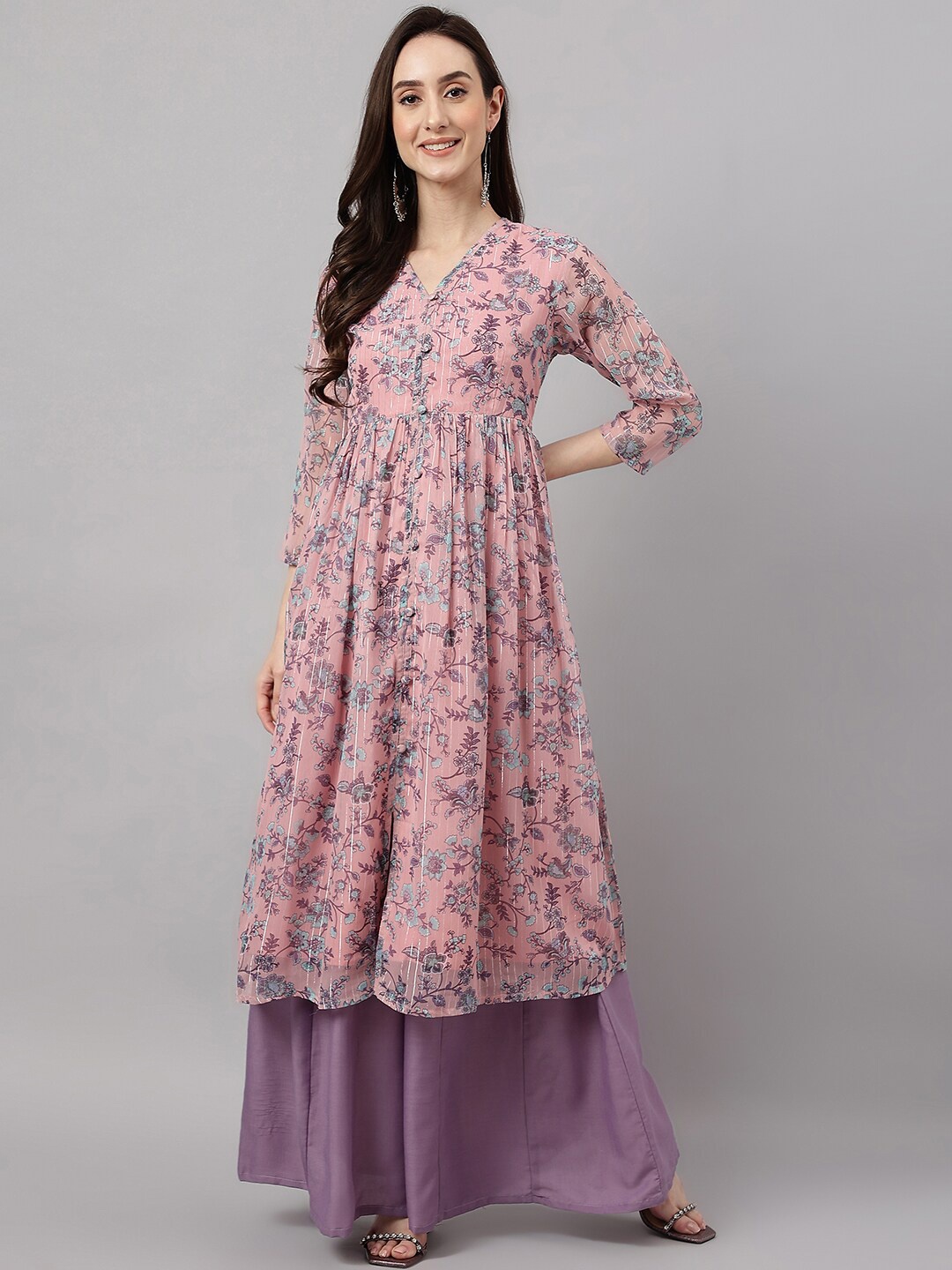 

Janasya Floral Printed Floral Anarkali Kurta, Pink