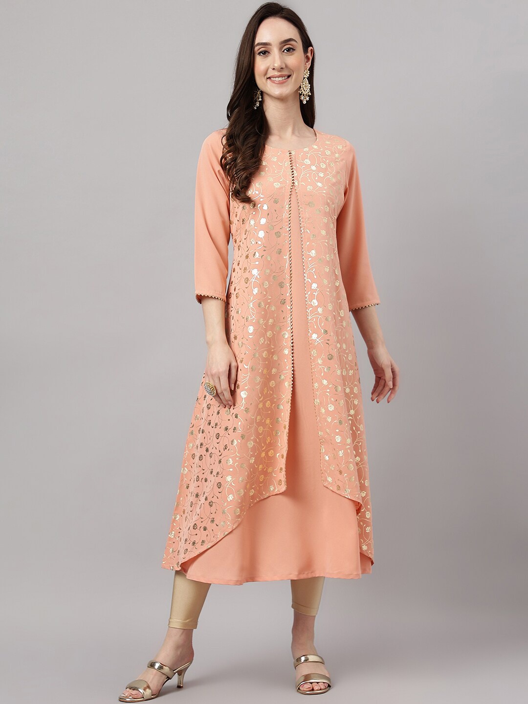 

Janasya Ethnic Motifs Printed Gotta Patti Crepe Kurta, Peach