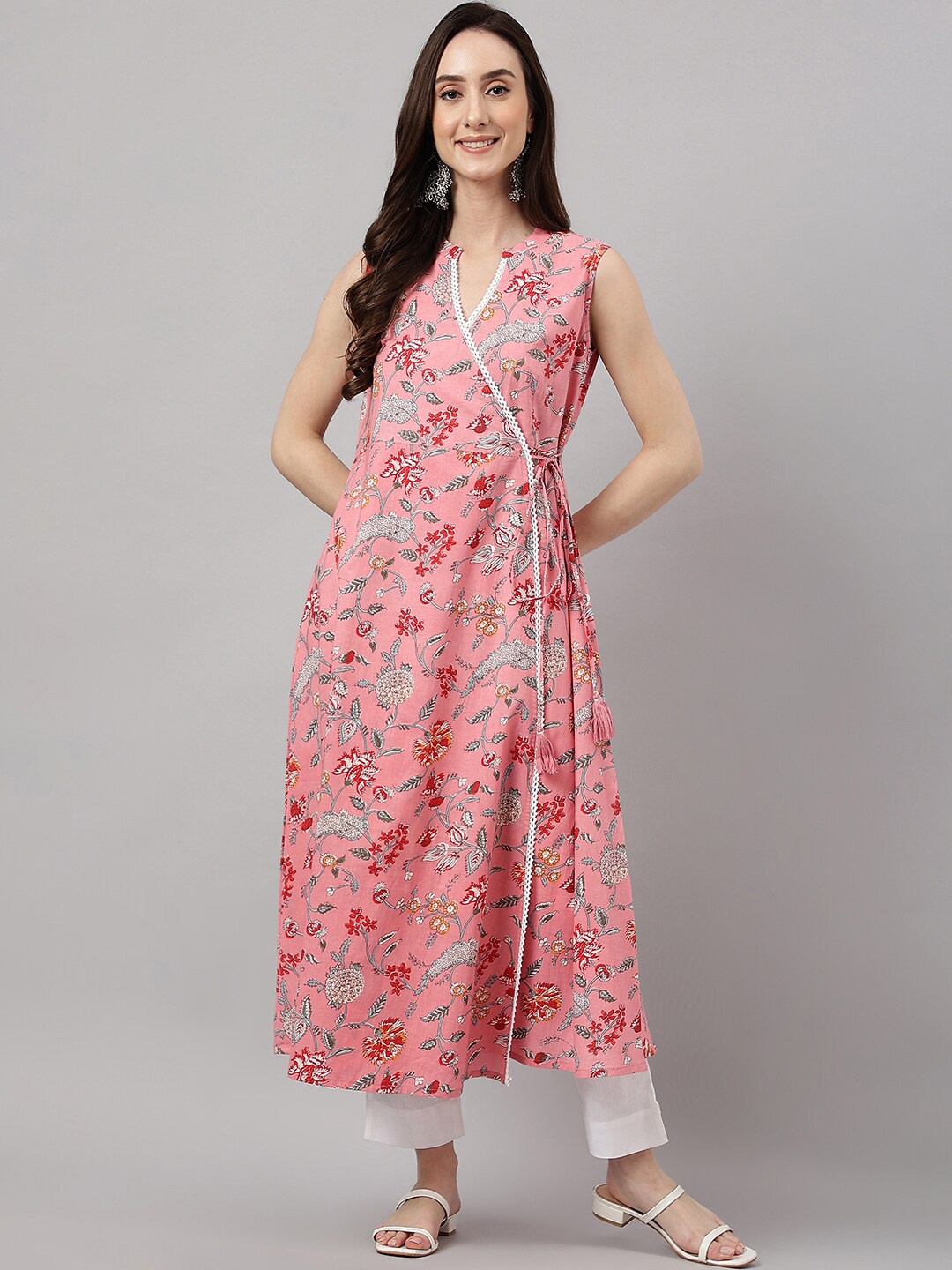 

Janasya Band Collar Ethnic Motifs Printed Angrakha Kurta, Pink