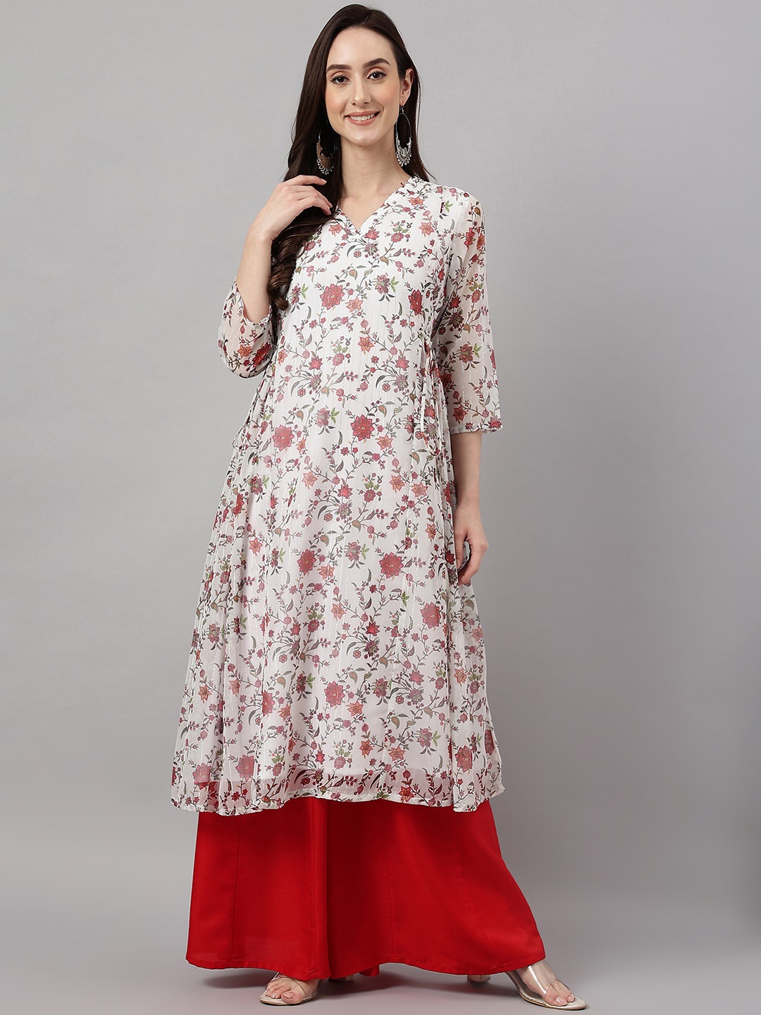 

Janasya Women Floral Printed Chiffon Anarkali Kurta, White