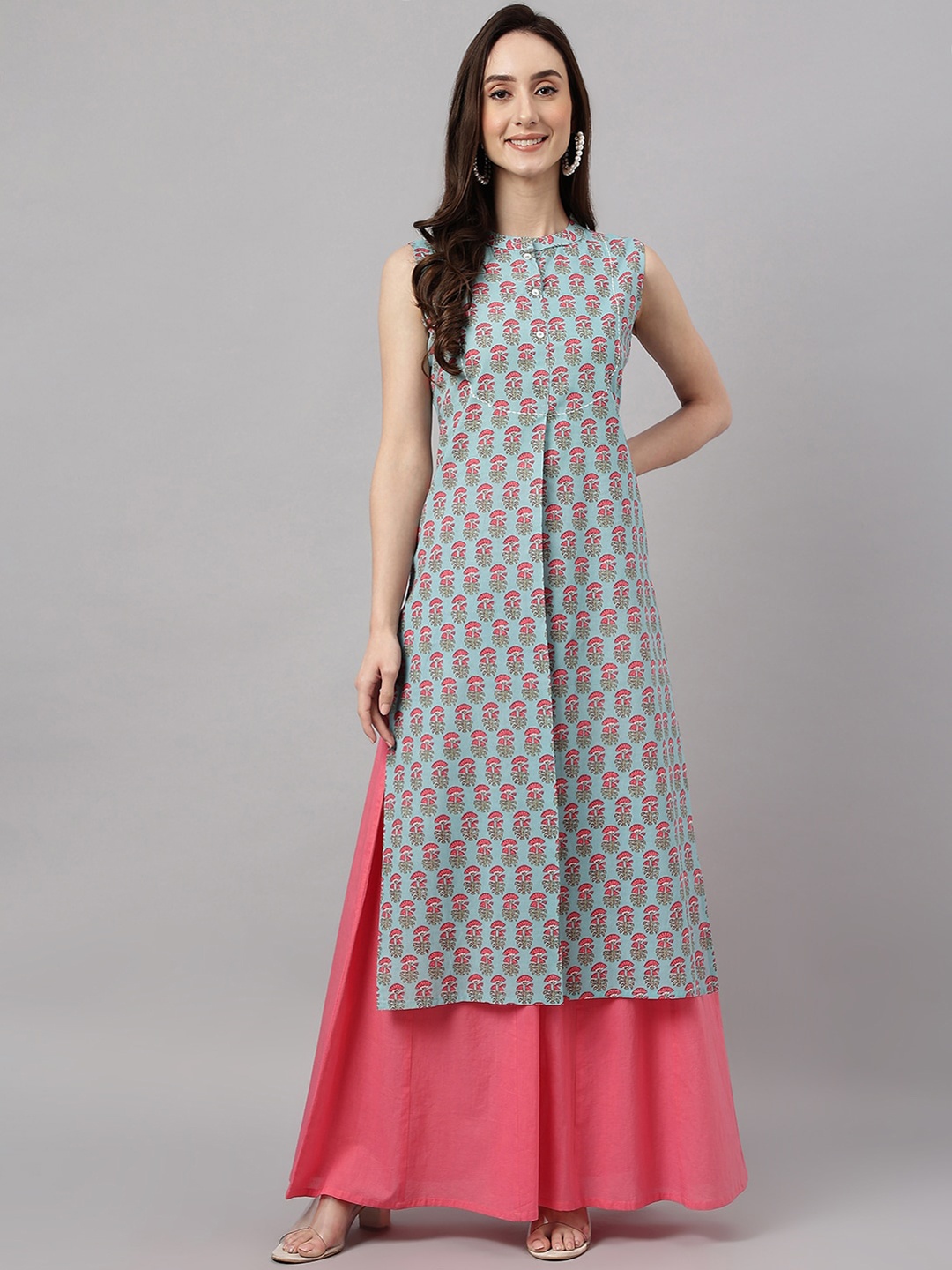

Janasya Women Ethnic Motifs Printed Block Print Straight Cotton Kurta, Blue