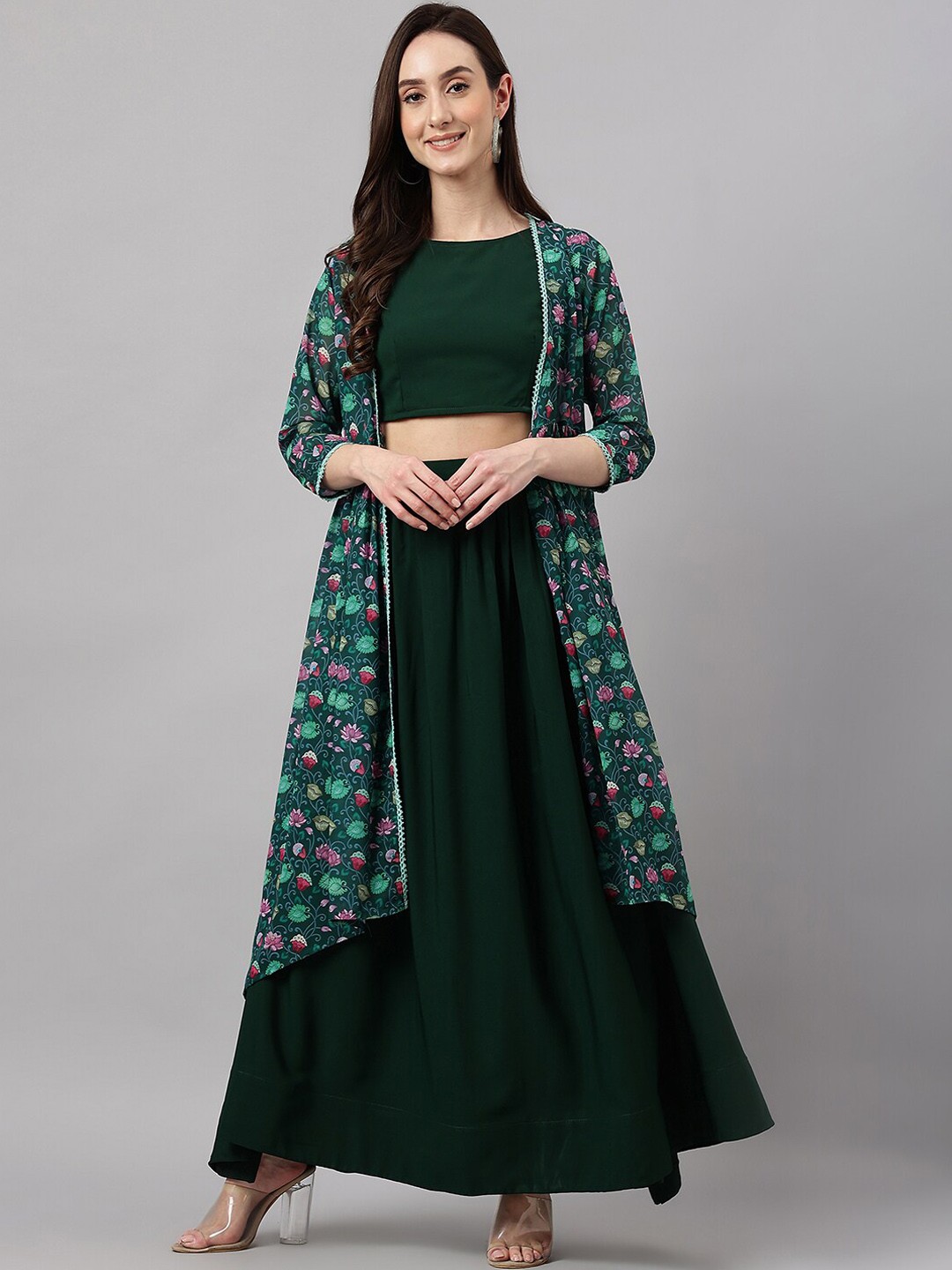 

Janasya Boat Neck Sleeveless Top with Skirt & Jacket, Green