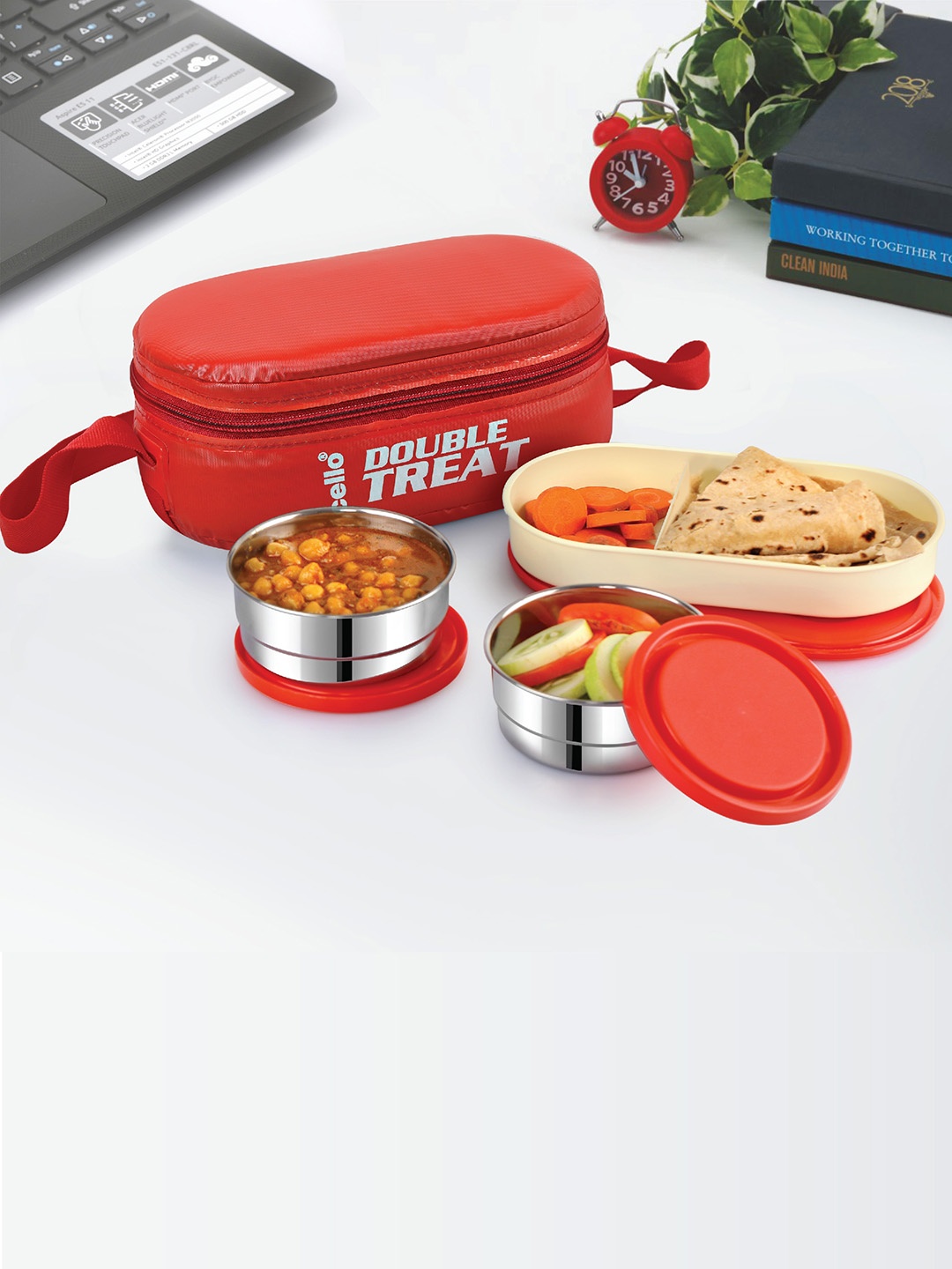 

Cello Double Treat 3 Pieces Red Stainless Steel Lunch Box With Jacket-300ml Each