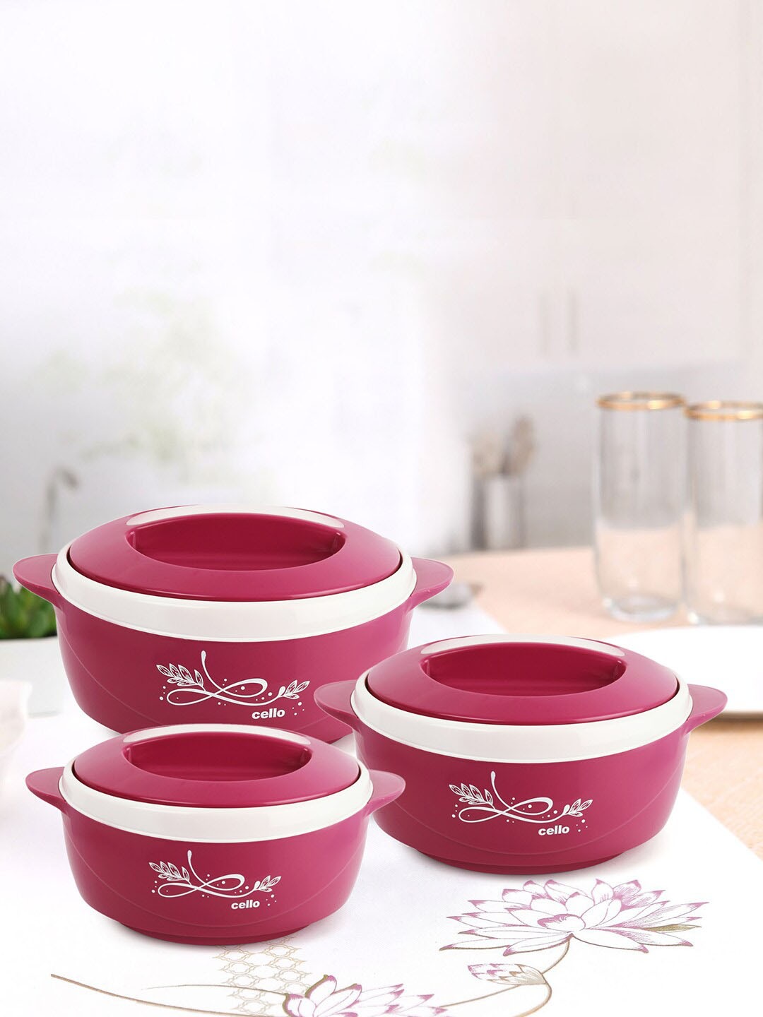 

Cello Sapphire Pink 3 Pieces Printed Thermoware Casserole Set-500ml, 1L, 1.5L