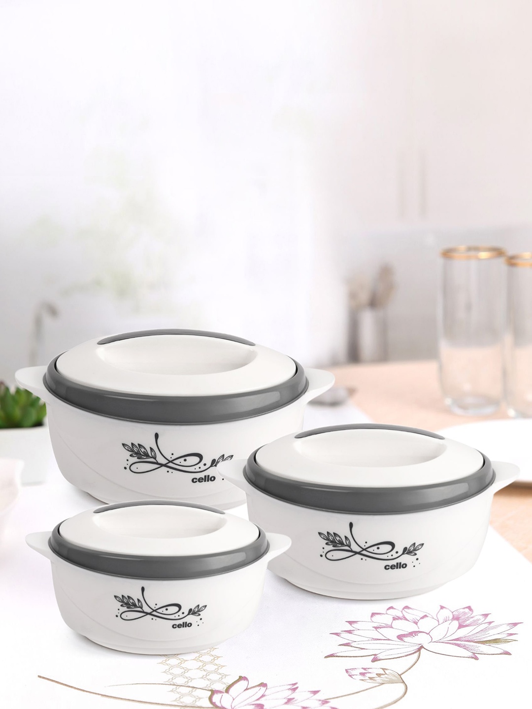 

Cello Sapphire Grey 3 Pieces Printed Thermoware Casserole Set-500ml, 1L, 1.5L