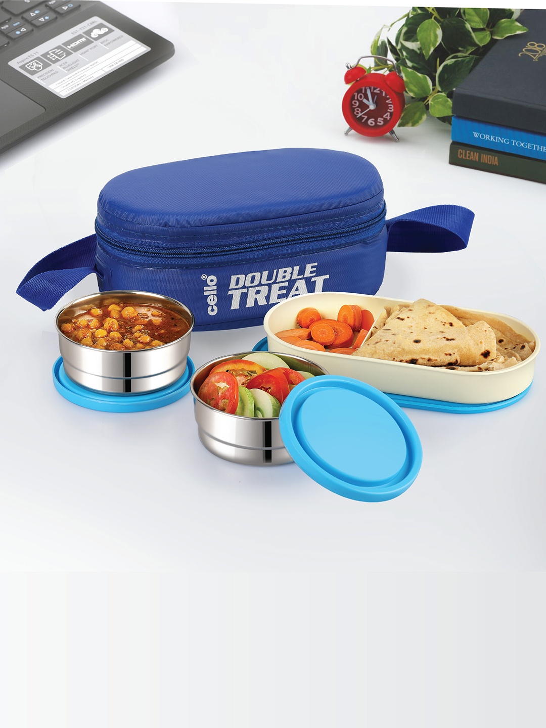 

Cello Double Treat Set of 3 Blue Stainless Steel Lunch Box with Jacket-300ml Each