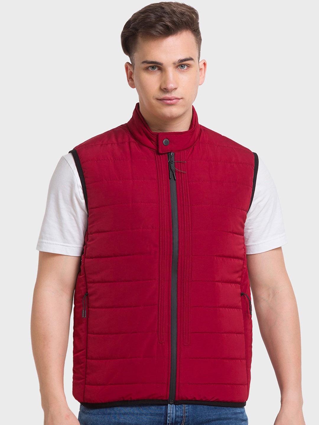 

ColorPlus Men Plus Size Sleeveless Stand Collar Padded Jacket, Red