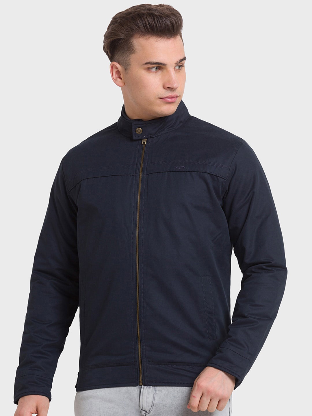 

ColorPlus Men Solid Stand Collar Long Sleeves Sporty Jacket, Navy blue
