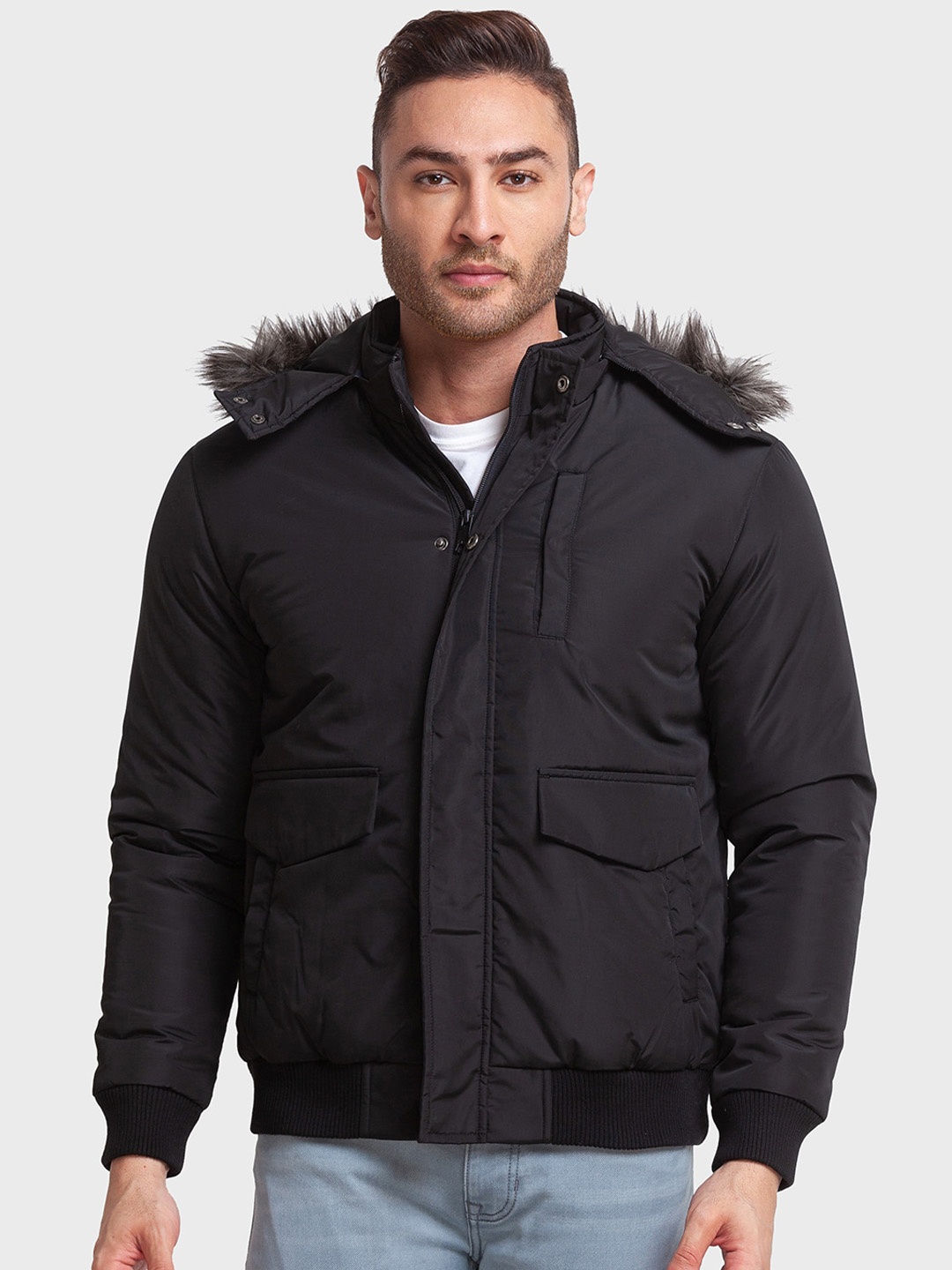 

ColorPlus Men Hooded Faux Fur Trim Parka Jacket, Black