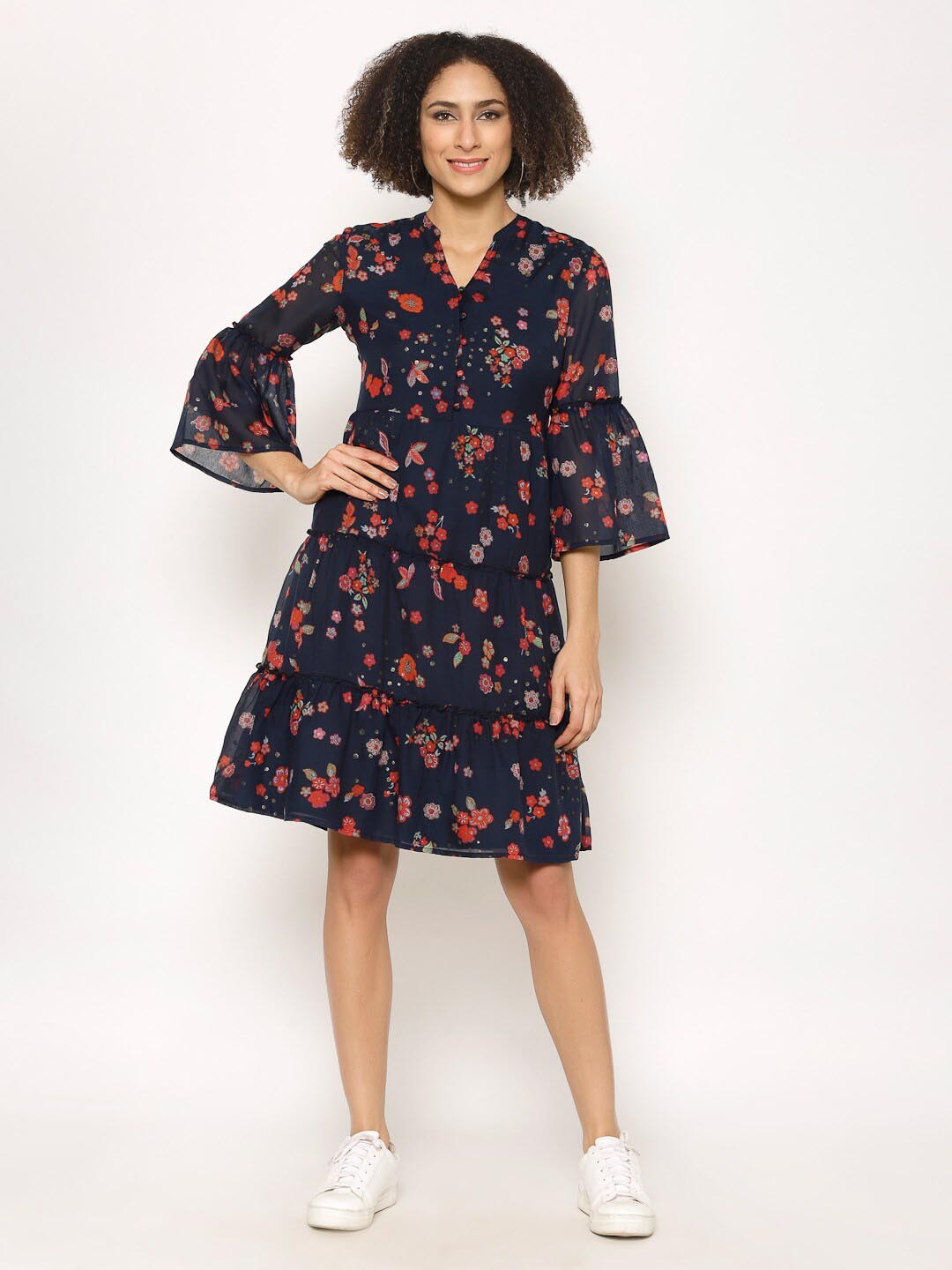 

HOUSE OF KKARMA Floral Printed Bell Sleeves Cotton A-Line Dress, Navy blue