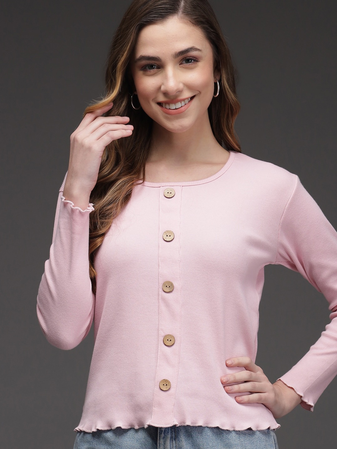 

Darzi Round Neck Long Sleeves Pure Cotton Top, Pink