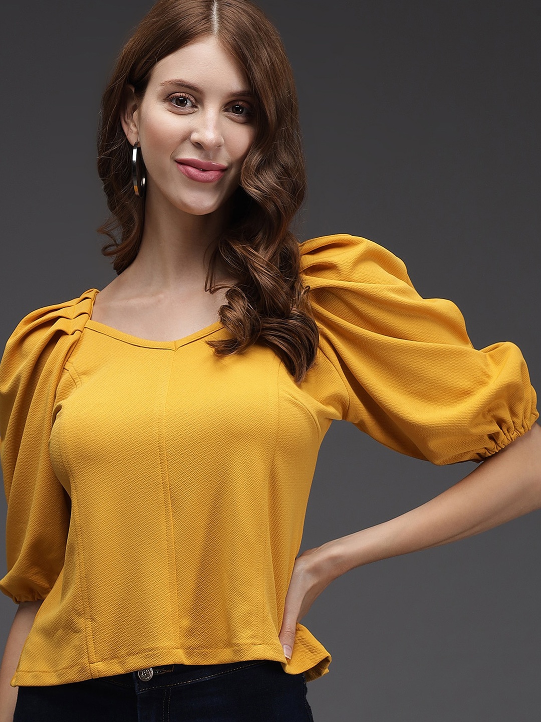 

Darzi Puff Sleeves Sweetheart neck Regular Top, Yellow