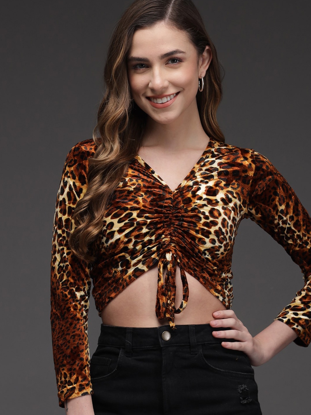 

Darzi Animal Printed Fitted Crop Top, Brown