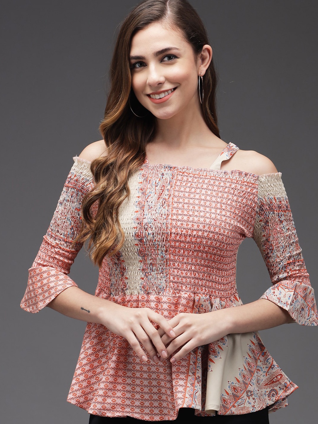 

Darzi Ethnic Motifs Printed Off-Shoulder Peplum Top, Beige