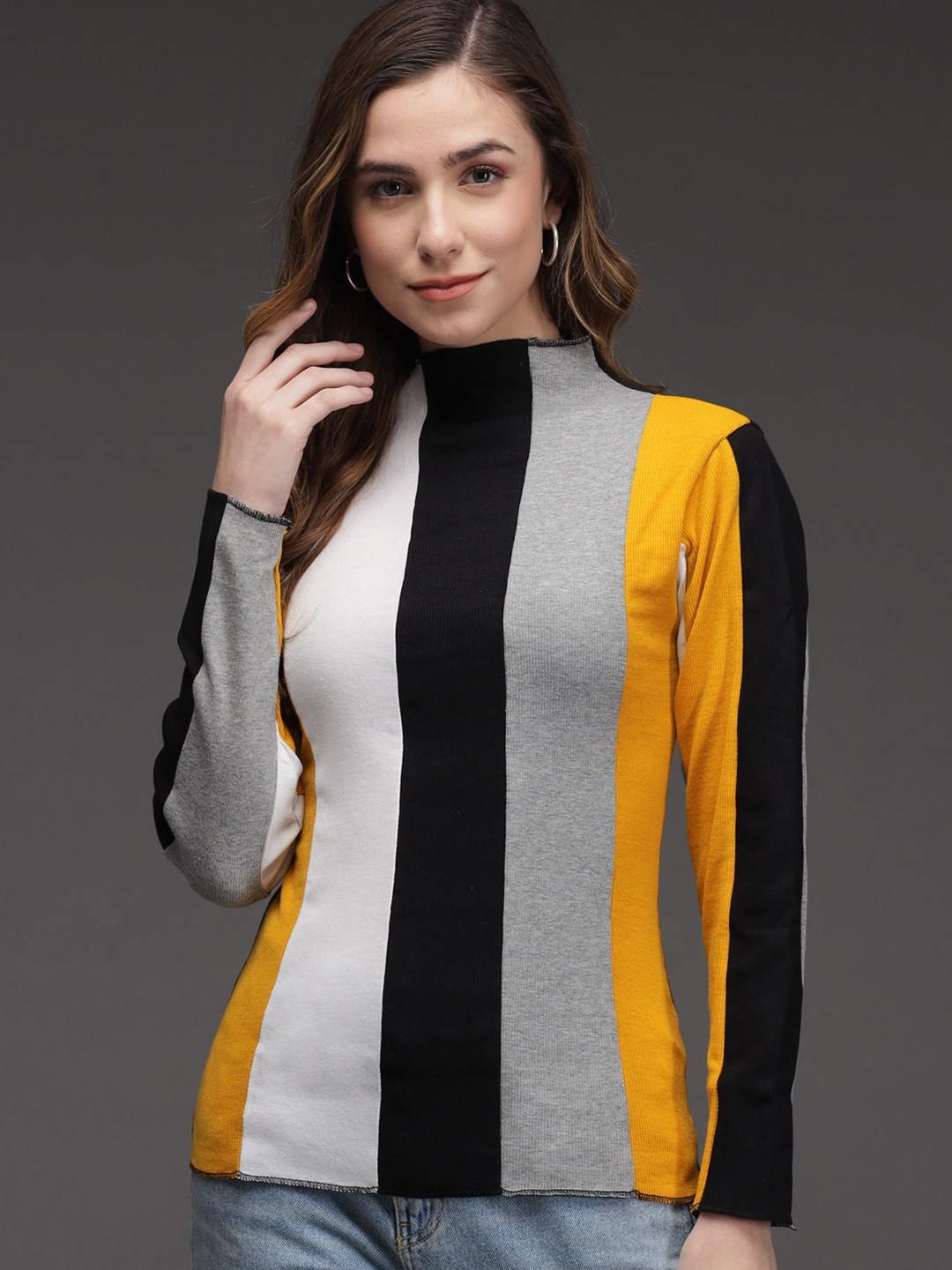 

Darzi Striped High Neck Pure Cotton Top, Grey
