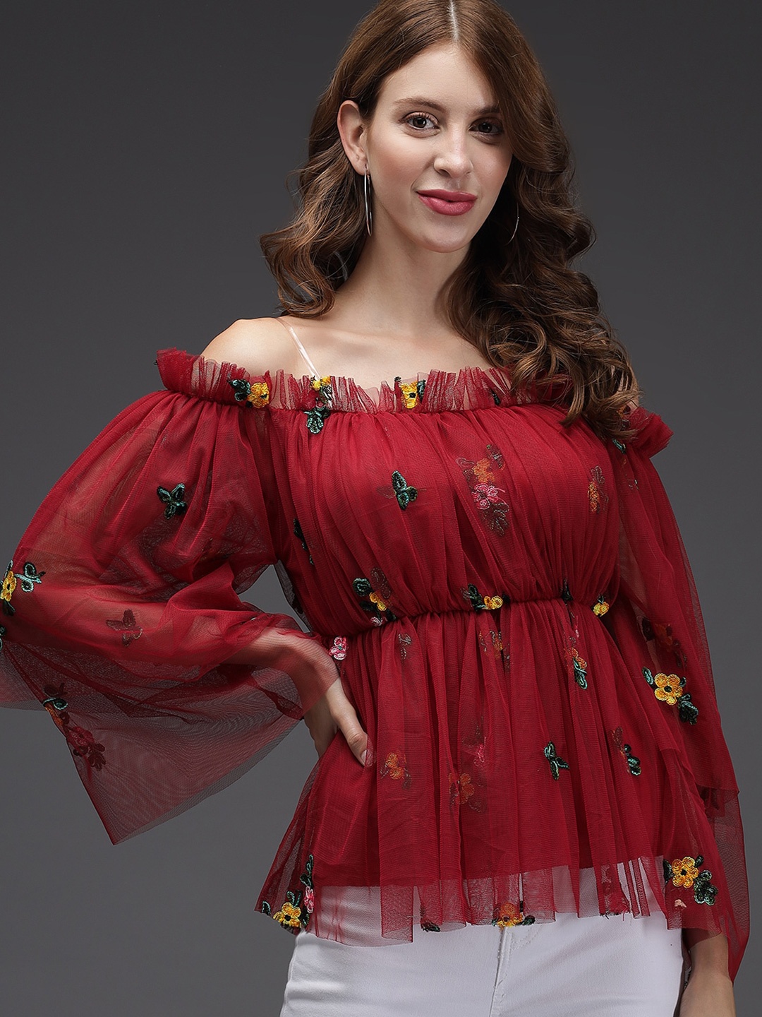 

Darzi Floral Embroidered Off-Shoulder Bardot Top, Maroon