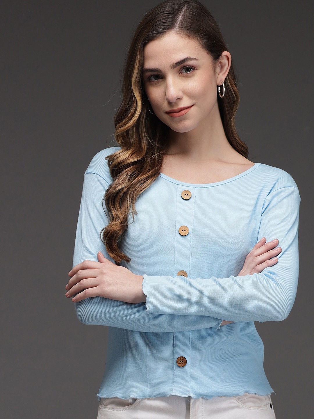 

Darzi Round Neck Long Sleeves Top, Blue