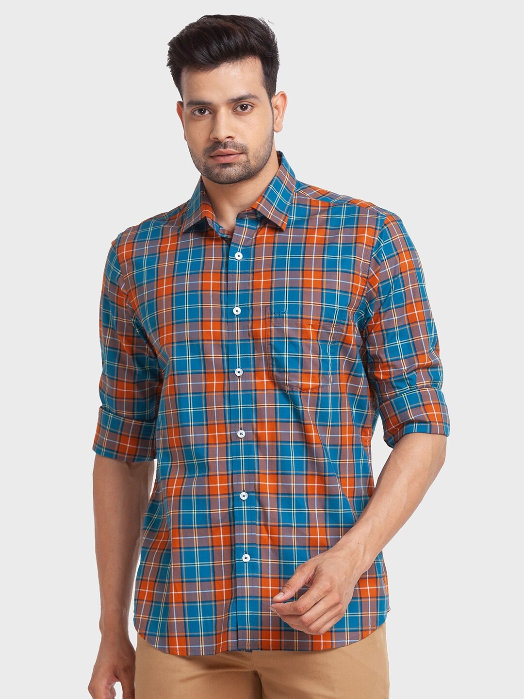 

ColorPlus Men Tailored Fit Tartan Checks Cotton Casual Shirt, Orange
