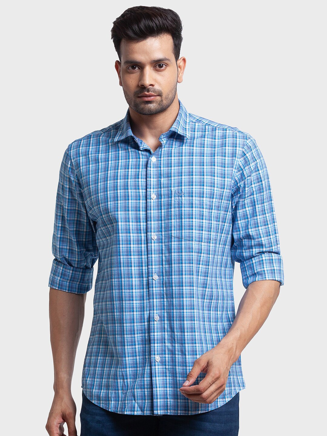 

ColorPlus Men Tailored Fit Tartan Checks Casual Shirt, Blue
