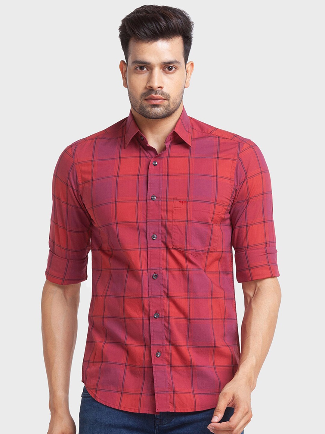

ColorPlus Tailored Fit Windowpane Checks Checked Cotton Casual Shirt, Red