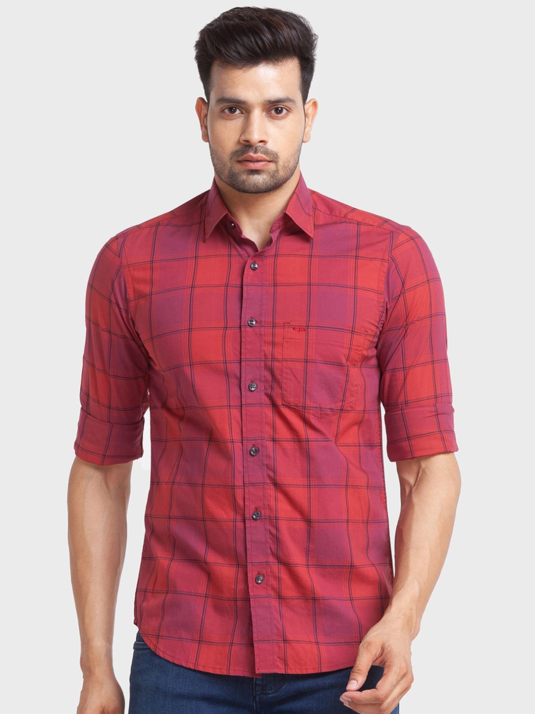 

ColorPlus Men Windowpane Checked Tailored Fit Casual Cotton Shirt, Red