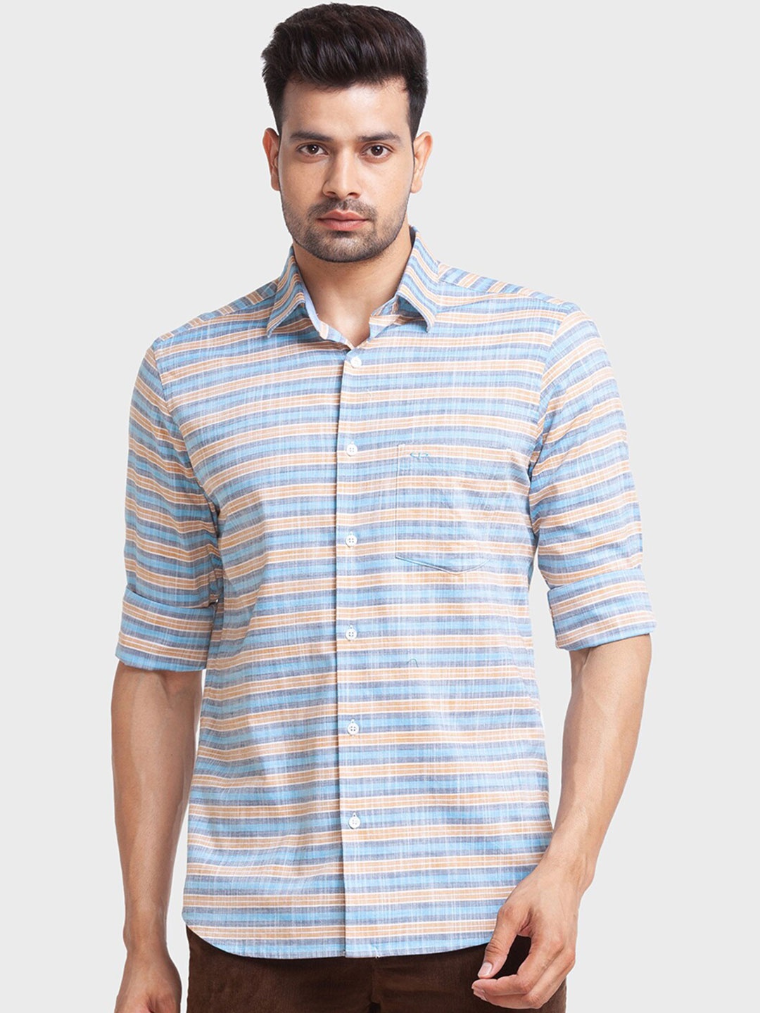 

ColorPlus Tailored Fit Horizontal Striped Casual Cotton Shirt, Blue