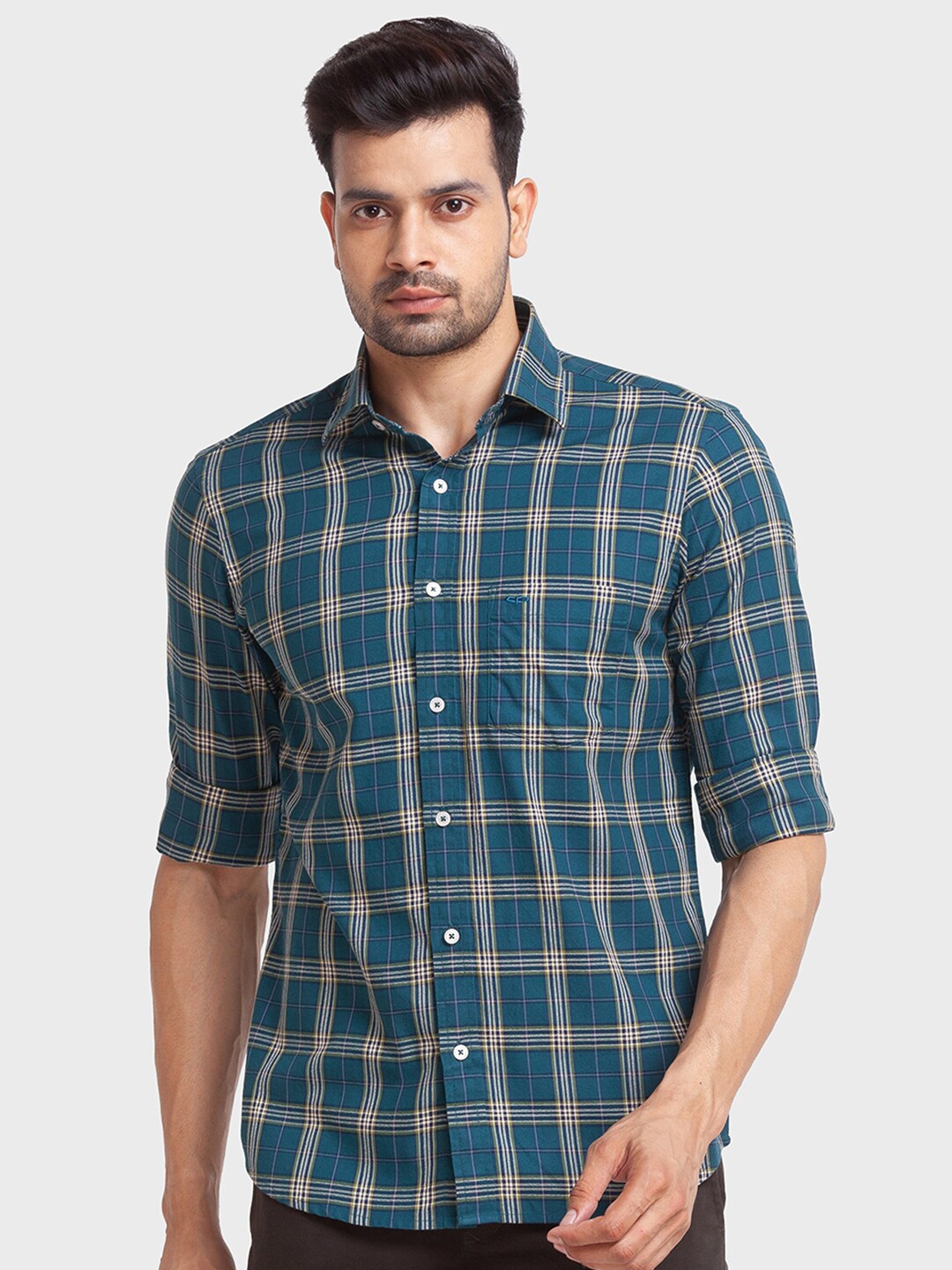 

ColorPlus Men Plus Size Tailored Fit Tartan Checks Cotton Casual Shirt, Teal